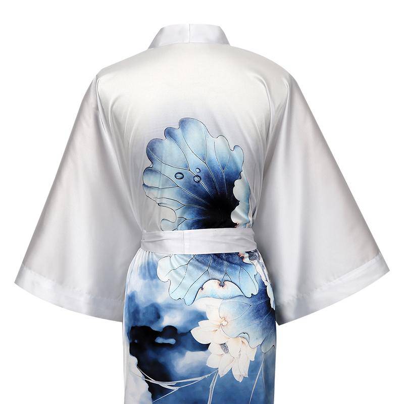 Women's Short Silk Kimono Robe Lotus Leaves & White Lotus Flowers Ink Painting Silk Nightdress - slipintosoft