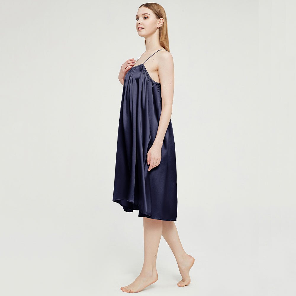 Women's Silk Nightgown with Adjusted Strap Ladies Low-cut O Necked Loose Silk Nightdress - slipintosoft